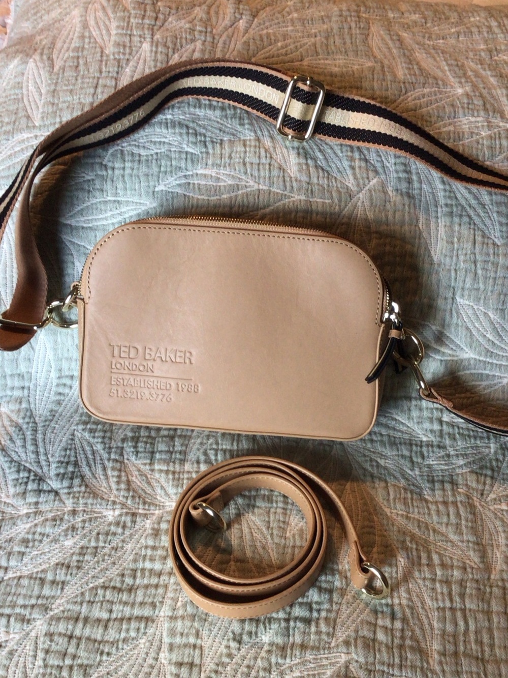 Ted Baker Beige Leather Belt Bag with Striped Webbing Strap